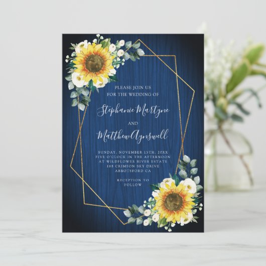 Sonnenblume Navy Blue Wood Geometric Wedding Einladung (Stehend Vorderseite)
