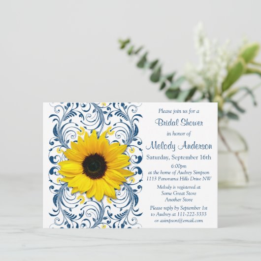 Sonnenblume Navy Weißes Brautparty Einladung (Stehend Vorderseite)