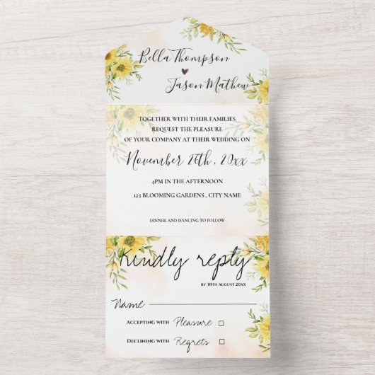 Sonnenblume Niedlich-Gelbbläschen-Monogramm-Hochze All In One Einladung (Innen)