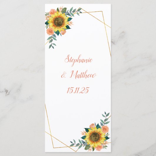 Sonnenblume Peach Korallen Rose Geometrische Hochz Menükarte (Rückseite)