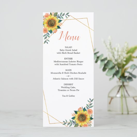Sonnenblume Peach Korallen Rose Geometrische Hochz Menükarte (Stehend Vorderseite)
