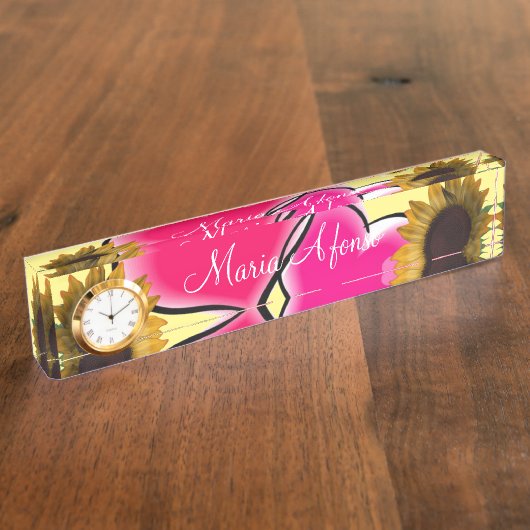 Sonnenblume Pink Hearts Desk Namplate Namensplakette (Seite)