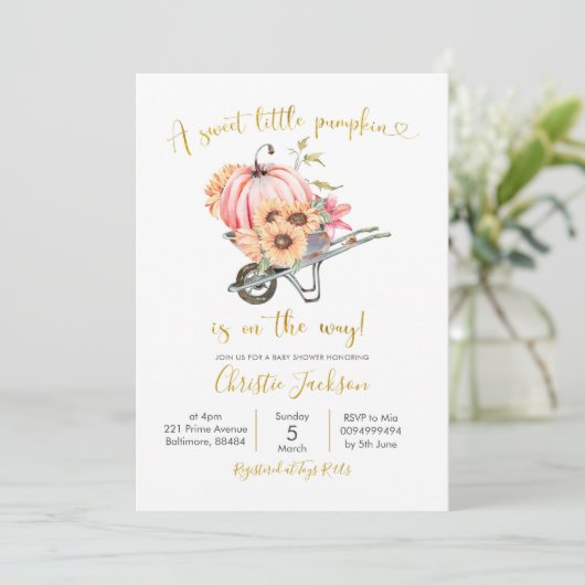 Sonnenblume Pink Pumpkin Baby Dusche Einladung (Stehend Vorderseite)