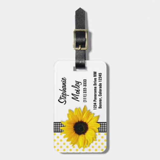 Sonnenblume Polka Dot Gingham Yellow Schwarz-weiß Gepäckanhänger (Vorderseite vertikal)