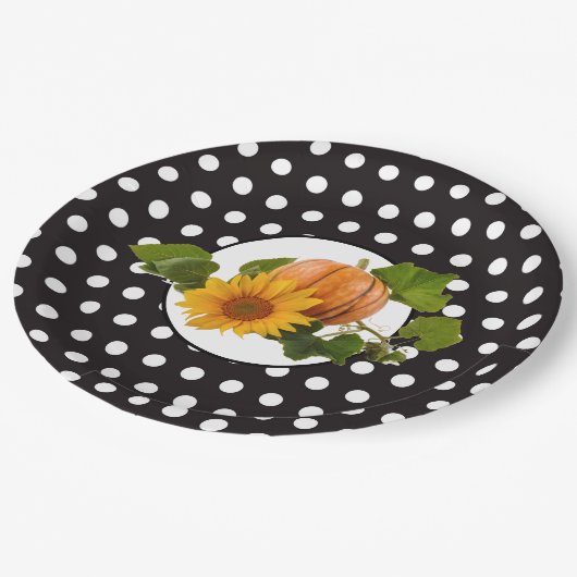 Sonnenblume & Pumpkin Polka Dot Erntedank Pappteller (Schrägansicht)