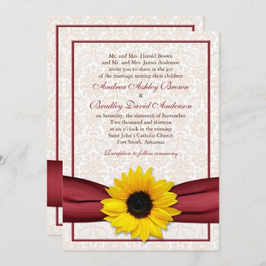 Sonnenblume Red Ribbon Damask Hochzeit Einladung (Vorne/Hinten)