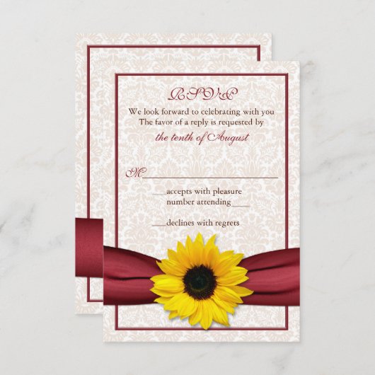Sonnenblume Red Ribbon Damask Wedding RSVP Card (Vorne/Hinten)