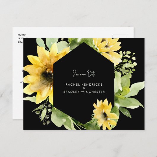 Sonnenblume Rettete unser Datum Schwarze Hochzeit  Ankündigungspostkarte (Vorne/Hinten)