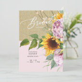 Sonnenblume Rosa Blütenburlap Rustikales Brautpart Einladung (Stehend Vorderseite)