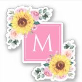Sonnenblume Rosa Botanische Wasserfarbe Mit Monogr Aufkleber (Vorderseite)