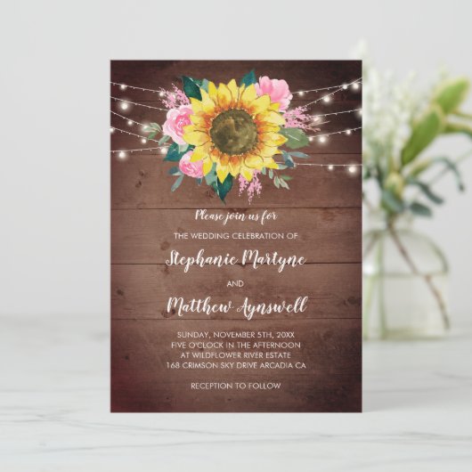 Sonnenblume Rosa Rose Blumenleuchten Hochzeit Holz Einladung (Stehend Vorderseite)