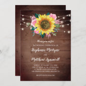 Sonnenblume Rosa Rose Blumenleuchten Hochzeit Holz Einladung (Vorne/Hinten)