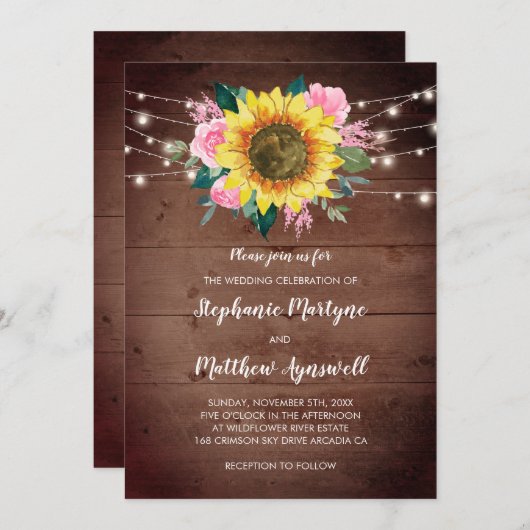 Sonnenblume Rosa Rose Blumenleuchten Hochzeit Holz Einladung (Vorne/Hinten)