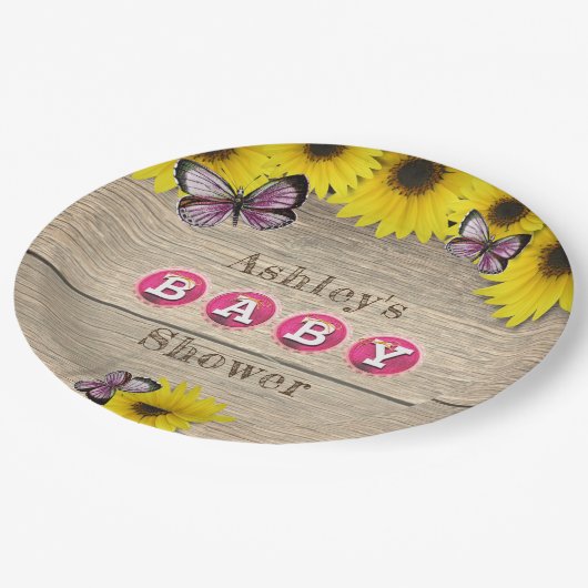 Sonnenblume Rosa Schmetterlinge Babydusche Pappteller (Schrägansicht)