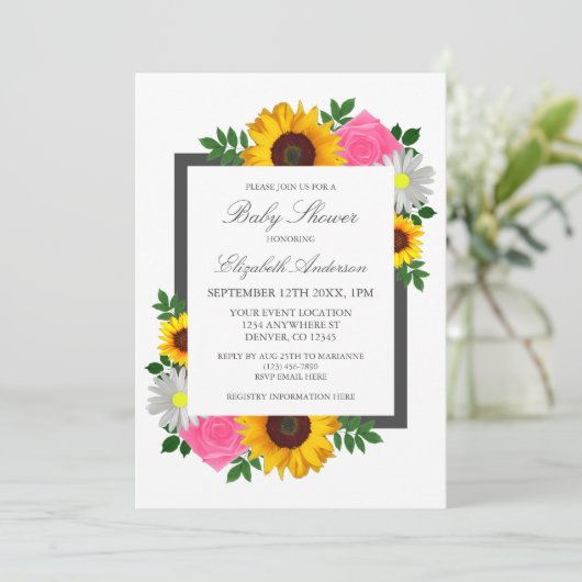Sonnenblume Rose Daisy Floral Baby Dusche Einladung (Stehend Vorderseite)