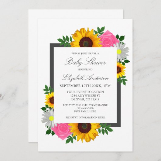 Sonnenblume Rose Daisy Floral Baby Dusche Einladung (Vorne/Hinten)
