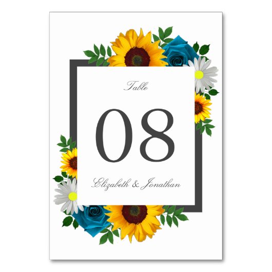 Sonnenblume Rose Daisy Floral Wedding Tischnummer (Vorderseite)