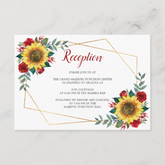 Sonnenblume Rotflorale Geometrische Hochzeitsempfe Begleitkarte (Vorderseite)