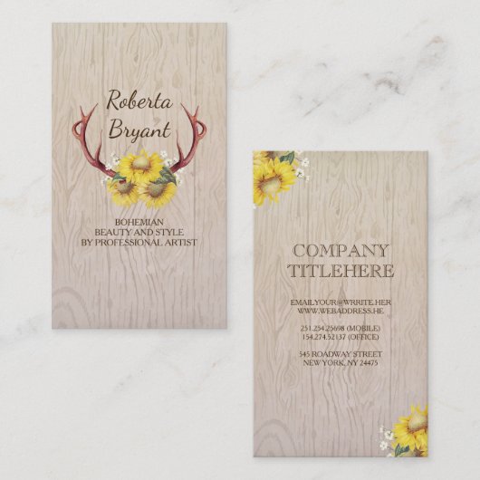 Sonnenblume-Rotwild-Geweih-rustikales Visitenkarte (Vorne/Hinten)