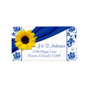 Sonnenblume Royal Blue Damask Hochzeitsfeier Rücks Adressaufkleber
