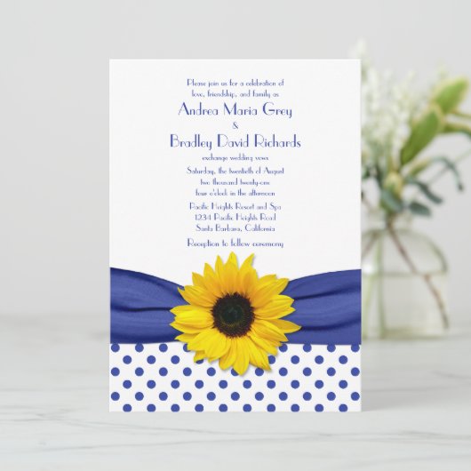 Sonnenblume Royal Blue White Polka Dot Wedding Einladung (Stehend Vorderseite)
