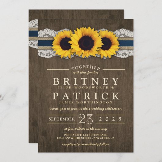Sonnenblume Rustic Blue Burlap Hochzeitseinladunge Einladung (Vorne/Hinten)