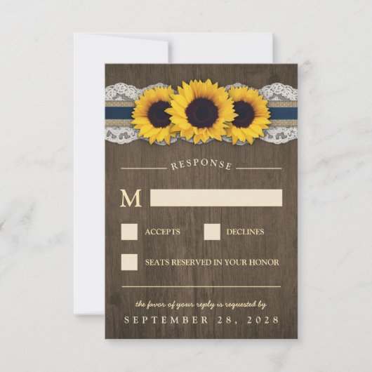 Sonnenblume Rustic Blue Burlap Wedding RSVP Karten (Vorderseite)