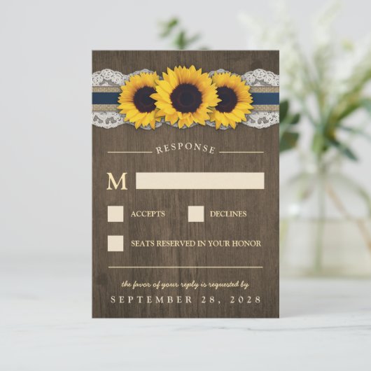 Sonnenblume Rustic Blue Burlap Wedding RSVP Karten (Stehend Vorderseite)