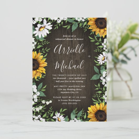 Sonnenblume Rustic Boho Probe Abendessen Einladung (Stehend Vorderseite)