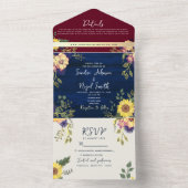 Sonnenblume Rustic Burgund Navy Blue Wedding All In One Einladung (Innen Boden)