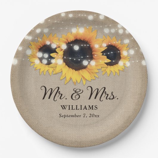 Sonnenblume Rustic Burlap String Lights Hochzeit Pappteller (Vorderseite)