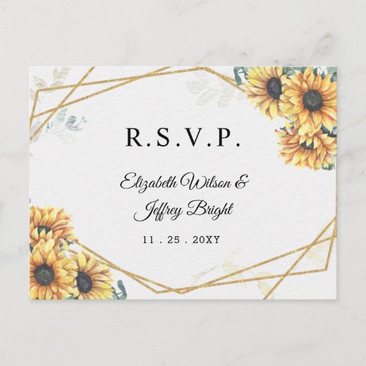 Sonnenblume Rustic Geometric Gold Wedding RSVP Einladungspostkarte (Vorderseite)