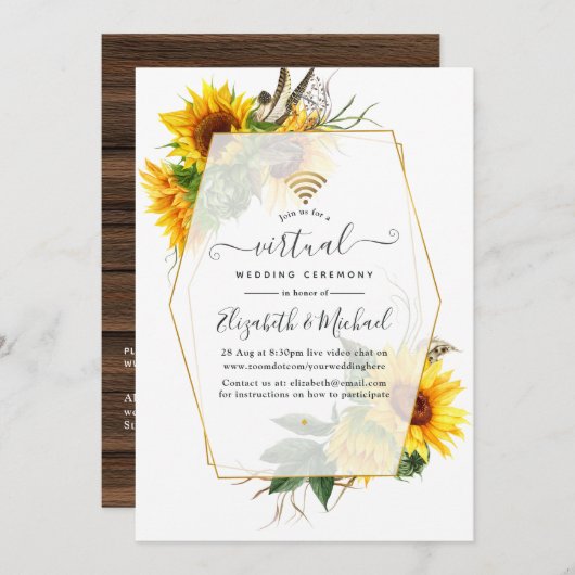 Sonnenblume Rustic Geometric Online Virtual Weddin Einladung (Vorne/Hinten)