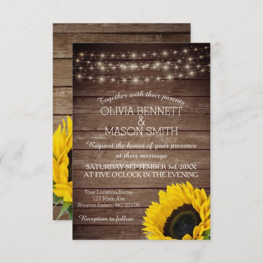 Sonnenblume Rustic Mason Jar beleuchtet Hochzeitse Einladung (Vorne/Hinten)