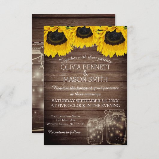 Sonnenblume Rustic Mason Jar beleuchtet Hochzeitse Einladung (Vorne/Hinten)