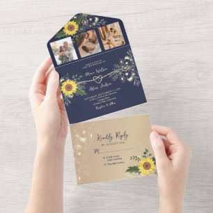 Sonnenblume Rustic Navy Blue Hochzeit All In One Einladung