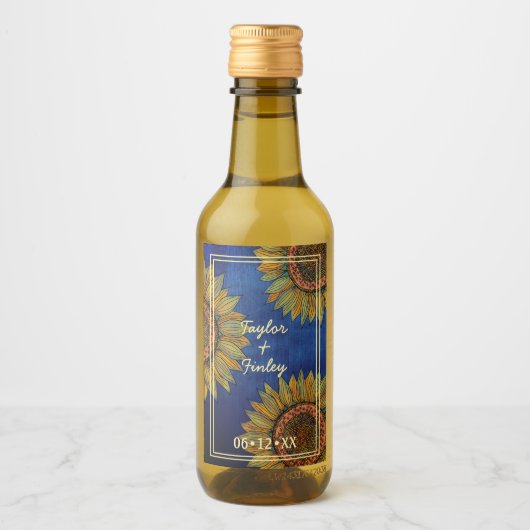 Sonnenblume Rustic Navy Personalisierte Hochzeit Weinetikett (Vorderseite)