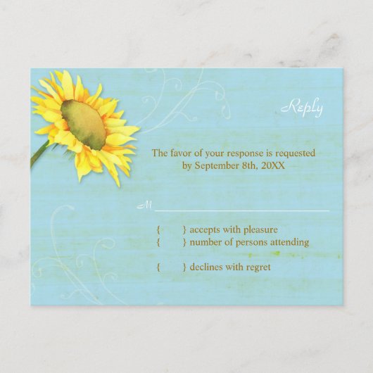 Sonnenblume Rustic Pale Blue Wedding RSVP Card Einladungspostkarte (Vorderseite)