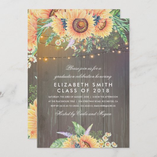 Sonnenblume Rustic String Lights Graduation Party Einladung (Vorne/Hinten)