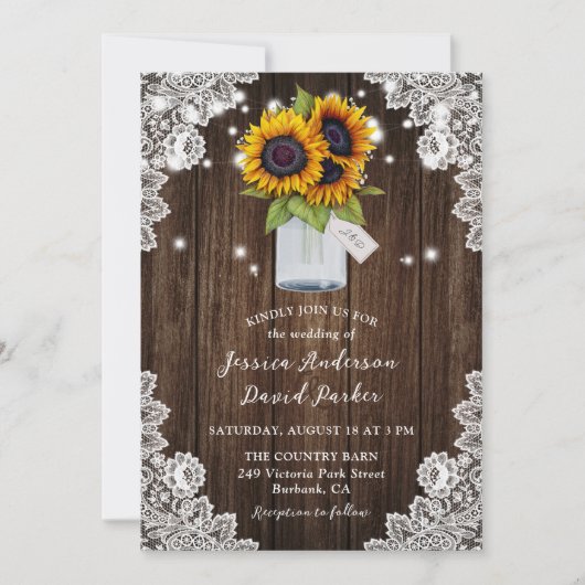 Sonnenblume Rustic Wood Mason Jar Wedding Einladung (Vorderseite)