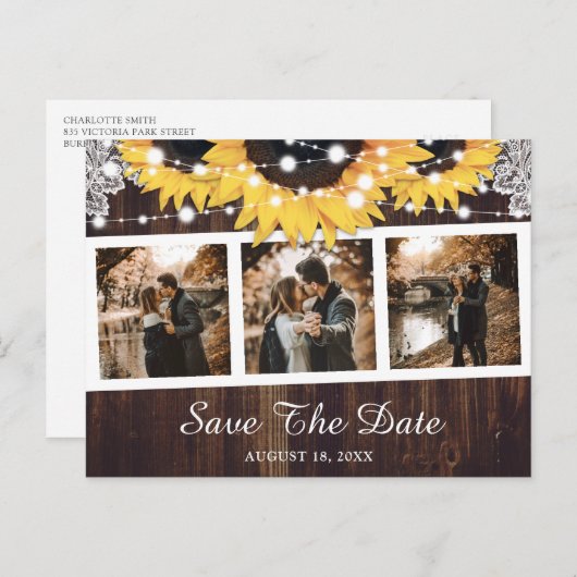 Sonnenblume Rustic Wood Wedding Foto Save the Date Ankündigungspostkarte (Vorne/Hinten)