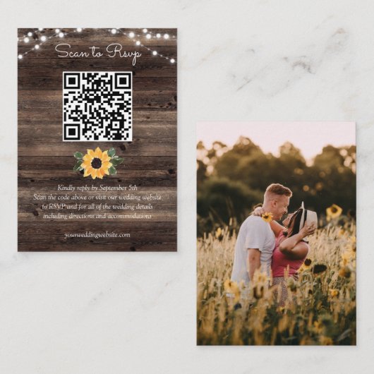 Sonnenblume Rustic Wood Wedding QR Code UAWG Begleitkarte (Vorne/Hinten)