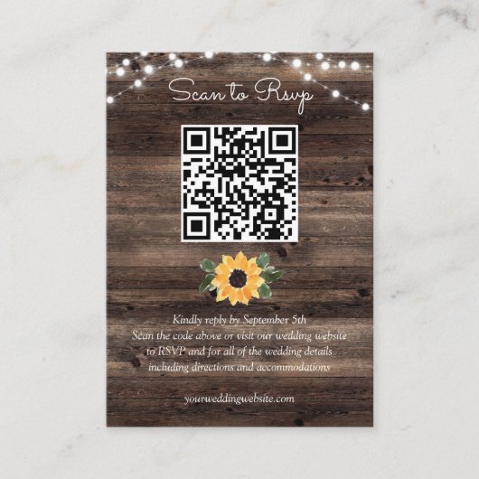 Sonnenblume Rustic Wood Wedding QR Code UAWG Begleitkarte (Vorderseite)