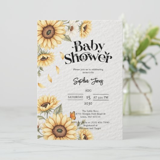 Sonnenblume Rustikale Babydusche Einladung (Stehend Vorderseite)