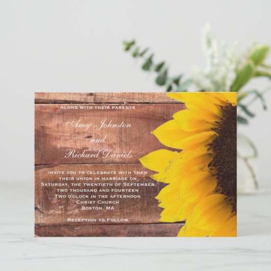 Sonnenblume Rustikale Hochzeit Einladung (Stehend Vorderseite)