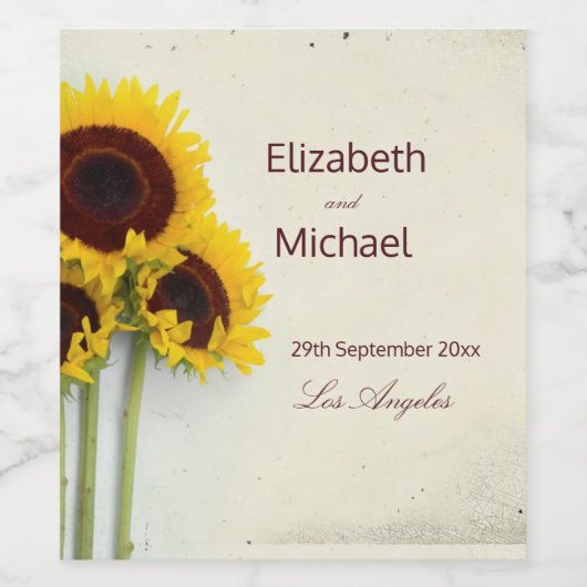 Sonnenblume Rustikale Hochzeit Weinetikett (Einzelnes Label)