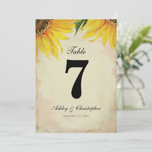 Sonnenblume Rustikale Hochzeitsempfang Tischnummer (Stehend Vorderseite)