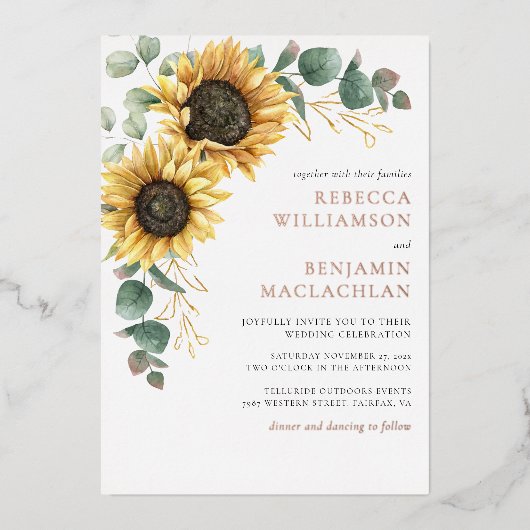 Sonnenblume Rustikale Hochzeitsstimmung Rose Gold Folieneinladung (Vorderseite)