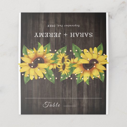 Sonnenblume Rustikale Holzsaitenlicht Hochzeit Platzkarte (Außenseite Aufgefaltet)