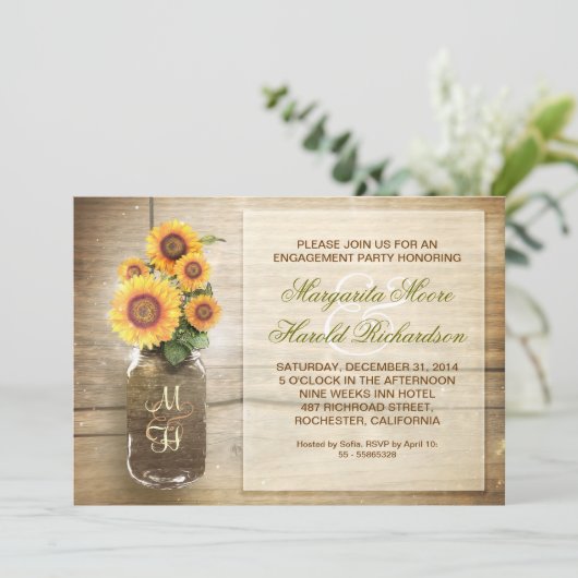 Sonnenblume rustikale Mason Jar Engagement Party e Einladung (Stehend Vorderseite)